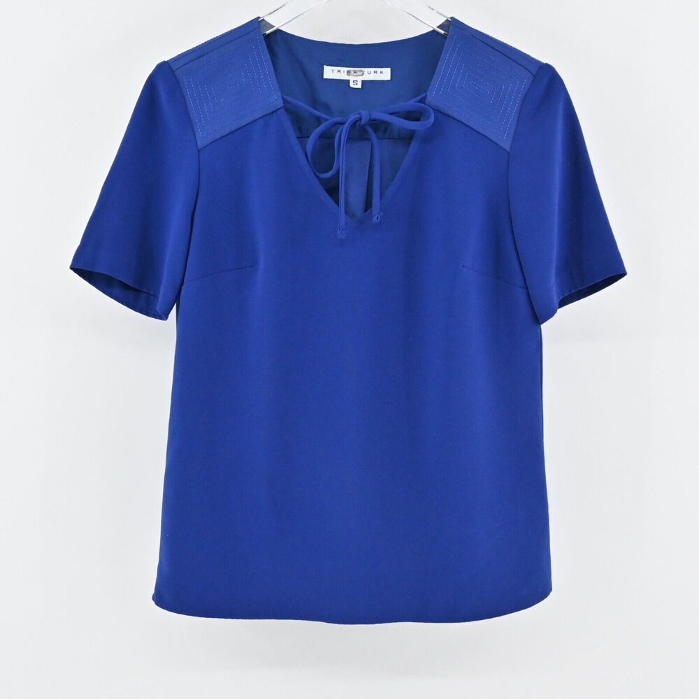 TRINA TURK Top Womens‎ Sz S Blue Royal Tie Neck Blouse Pleated Embroidered Retro